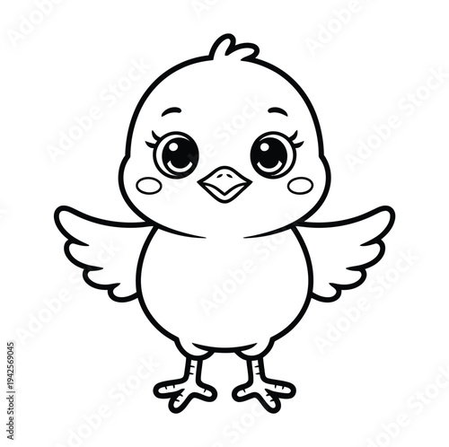 A cute cartoon chick with big eyes and wings spread wide in a black and white illustration