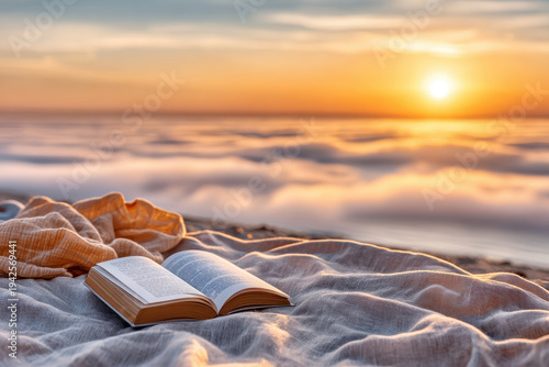 book with bookmark rests elegantly on flaxen fabric illuminated by soft glow of morning sunlight