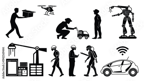 Vector silhouette illustration of people including a man carrying a bag in black style