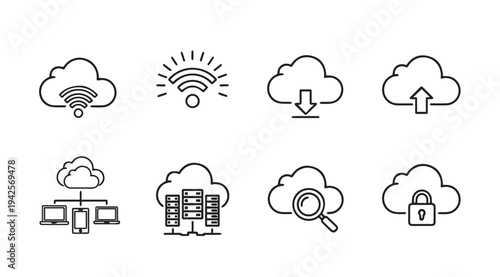 Cloud Computing Icons Set: Network Download Upload Server Search Security