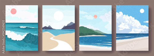 Colorful set of landscape summer posters with sea or ocean, beach, mountains, waves, sun, hill. Abstract illustrations, vacation and travel concept. Simple design for cover, poster, card, banner