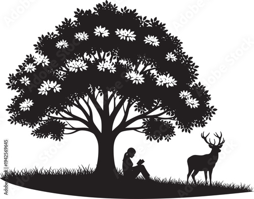 Silhouette of a young woman reading a book under a large blooming tree with a majestic deer on a grassy meadow hill,