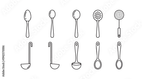 Collection of Kitchen Utensils Line Art Icons Spoons and Ladles Vector Set