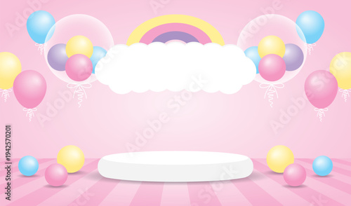 rainbow on cloud sign and white podium display with cute kawaii style balloons on sweet pastel pink floor and wall background 3d illustration vector for putting object or product