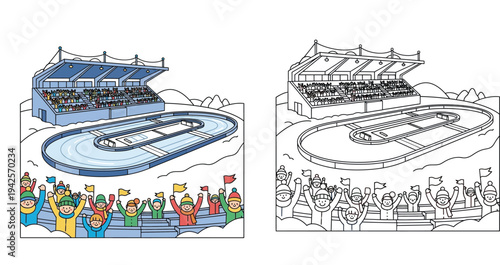 Color and outline illustration of a winter sports stadium with an ice skating track and cheering crowd, perfect for a coloring book.