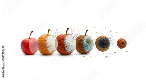 Rotten apple decomposition stages with mold and insects