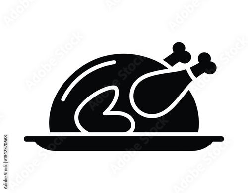 A black and white illustration of a roasted turkey on a platter, ready to be served at a holiday meal.