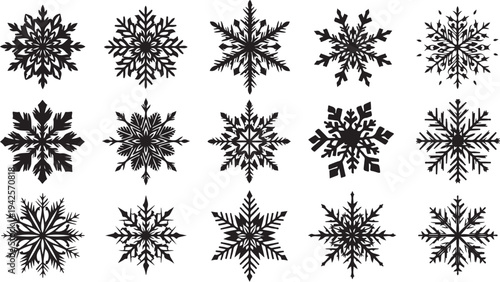 Collection of unique black snowflakes on white background