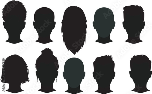 Diverse Human Head Silhouettes Collection, Black Profile Avatars with Various Hairstyles for User Icons, Identity Representation, Multi-Ethnic People Vector Illustration