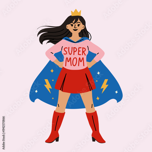 Super Mom Superhero Woman Standing with Cape Illustration