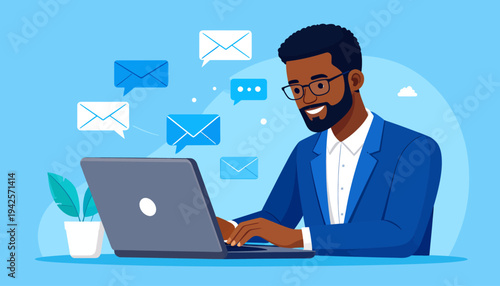 Man wearing glasses in blue suit working on laptop with emails flying around him