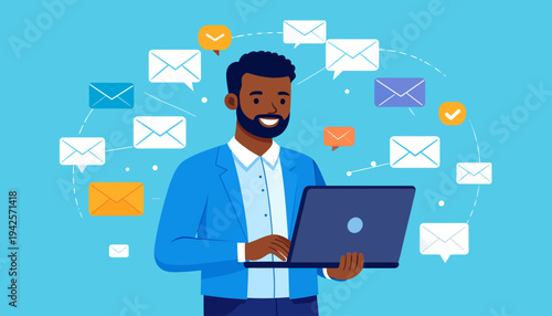 Man with laptop surrounded by envelopes, symbolizing communication and digital correspondence