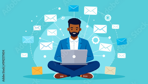 Modern communication Man with laptop surrounded by emails and network connections