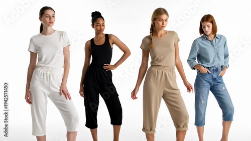 Four Diverse Women Posing Confidently in Casual Athleisure Outfits on White Background