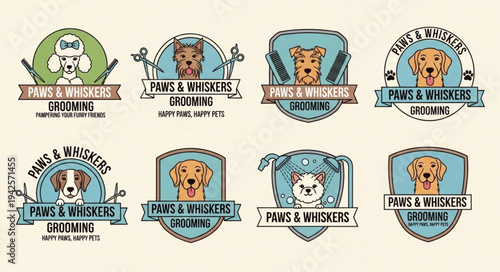Collection of Dog Grooming Logos with Paws and Whiskers Theme.