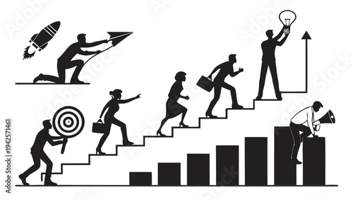 Silhouettes of people walking and moving on stairs showing sports dance fitness and everyday human activity