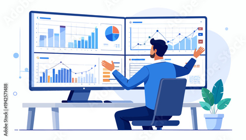 Professional business analyst working on a computer with a comprehensive data dashboard, monitoring charts and graphs for financial analysis