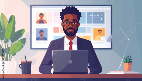 Stylish Black professional man in a suit working on a laptop at his desk, managing a virtual team or recruitment process
