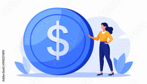 A woman proudly stands beside a giant blue coin with a dollar sign, symbolizing financial growth and success in business