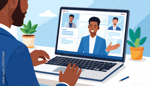 Professional man engaging in a virtual business meeting with diverse colleagues on a laptop, illustrating modern remote work, digital communication, and online collaboration