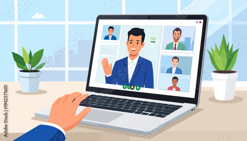 Engaged professional participating in a lively online video conference, fostering remote team collaboration and effective digital communication from a modern workspace