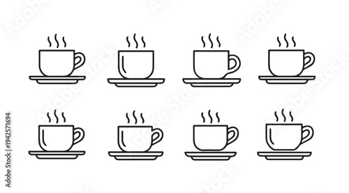 Eight Hot Coffee Cups with Steam Line Art Icons on Saucers Isolated