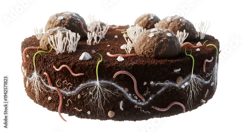 Detailed soil ecosystem with earthworms and microorganisms