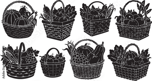 Illustration of various vegetable baskets in black and white