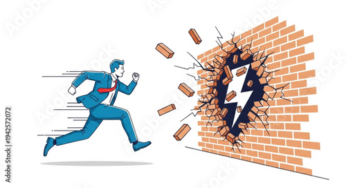 Businessman Breaking Through Brick Wall.