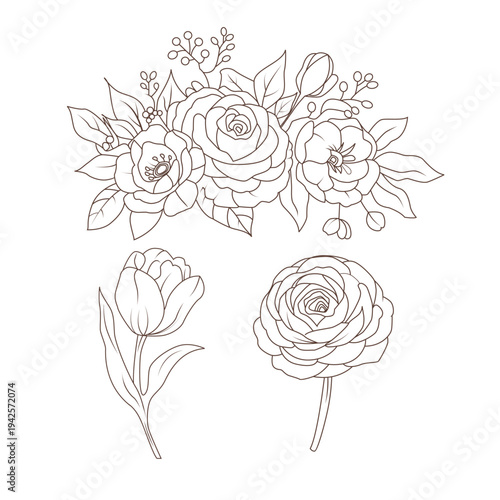 PLANTS AND FLOWER LINE ART VECTOR
