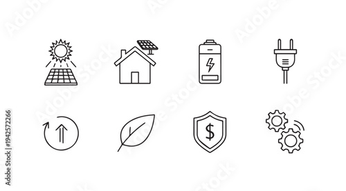 Energy Icons: Solar Power Home Battery Plug Recycle Leaf Finance Gears
