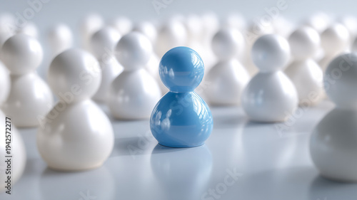 a single glossy blue human-shaped figure standing prominently in the foreground. - Leader Among the Crowd, Individuality and Influence Concept.