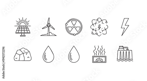 Energy Sources Icons: Solar Wind Nuclear Hydro Geothermal Coal Water Lightning Bolt