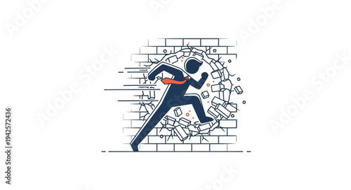 Man Breaking Through Brick Wall.