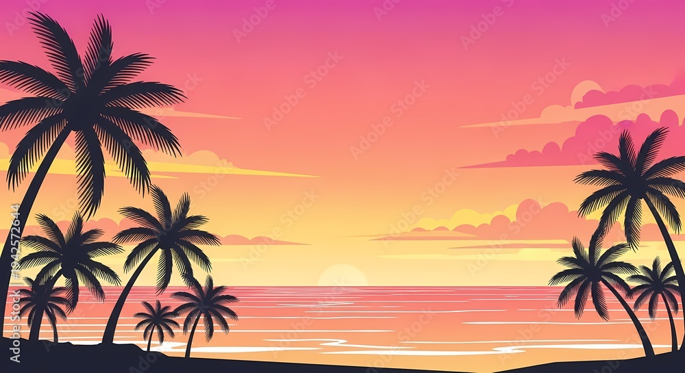 Fototapeta premium Tropical beach sunset with palm trees and colorful sky.