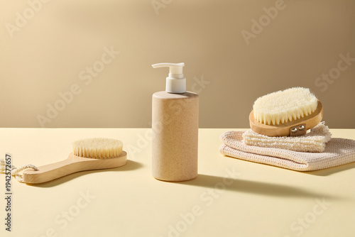 Haircare still life with pump bottle, wooden brush and towel on neutral beige podiums, warm studio lighting and clean background ideal for cosmetic product presentation.