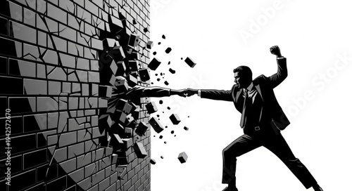 Man Breaking Through Brick Wall.