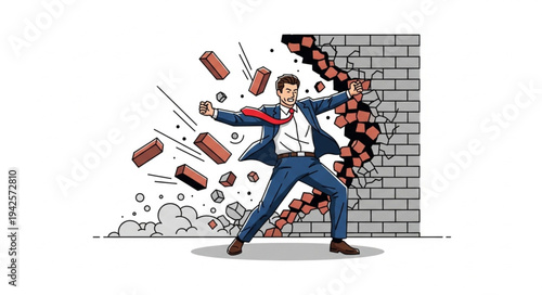 Man Breaking Through Brick Wall.