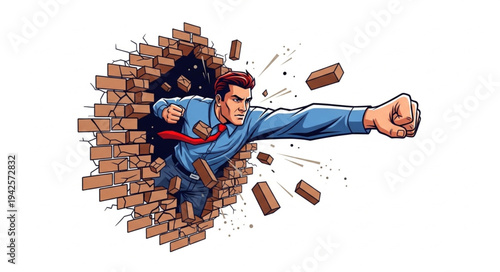 Man Breaking Through Brick Wall.