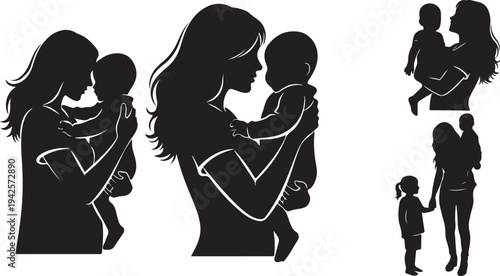 Mother and child silhouettes in various loving poses together