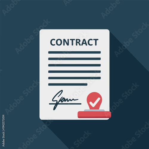 Contract document with signature and approval stamp on dark background