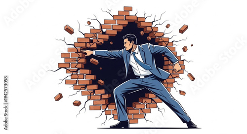 Man Breaking Through Brick Wall.