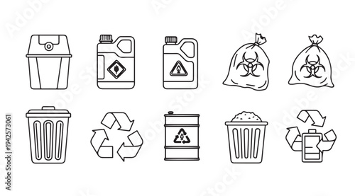 Hazardous Waste Disposal Icons Set Recycling Symbols Trash Cans Drums