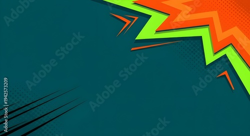 Dark teal background with colorful lightning-style accents in a dynamic layout.