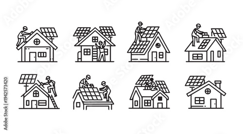 Homeowners Installing Solar Panels on Roofs Renewable Energy Concept Line Art Icons
