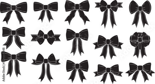 Collection of Black Bows with Ribbons and Decorative Centers
