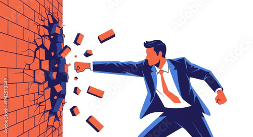 Man Breaking Through Brick Wall.