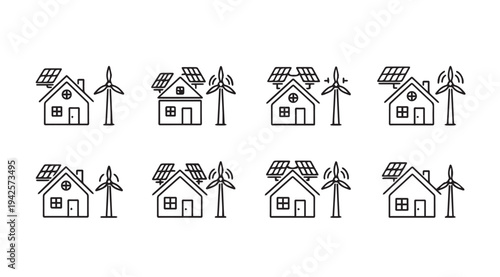 Houses with Solar Panels and Wind Turbines Sustainable Energy Icons Vector Line Art