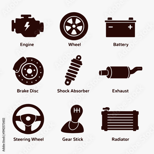 A set of Vehicle parts icons focuses on simplicity, elegance, and ease of recognition. Vector Sign for Logos, Labels, and Icons