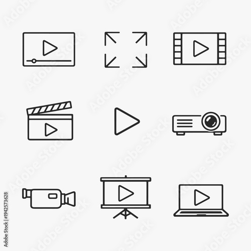 A set of video and media tools icons focuses on simplicity, elegance, and ease of recognition. Vector Sign for Logos, Labels, and Icons.